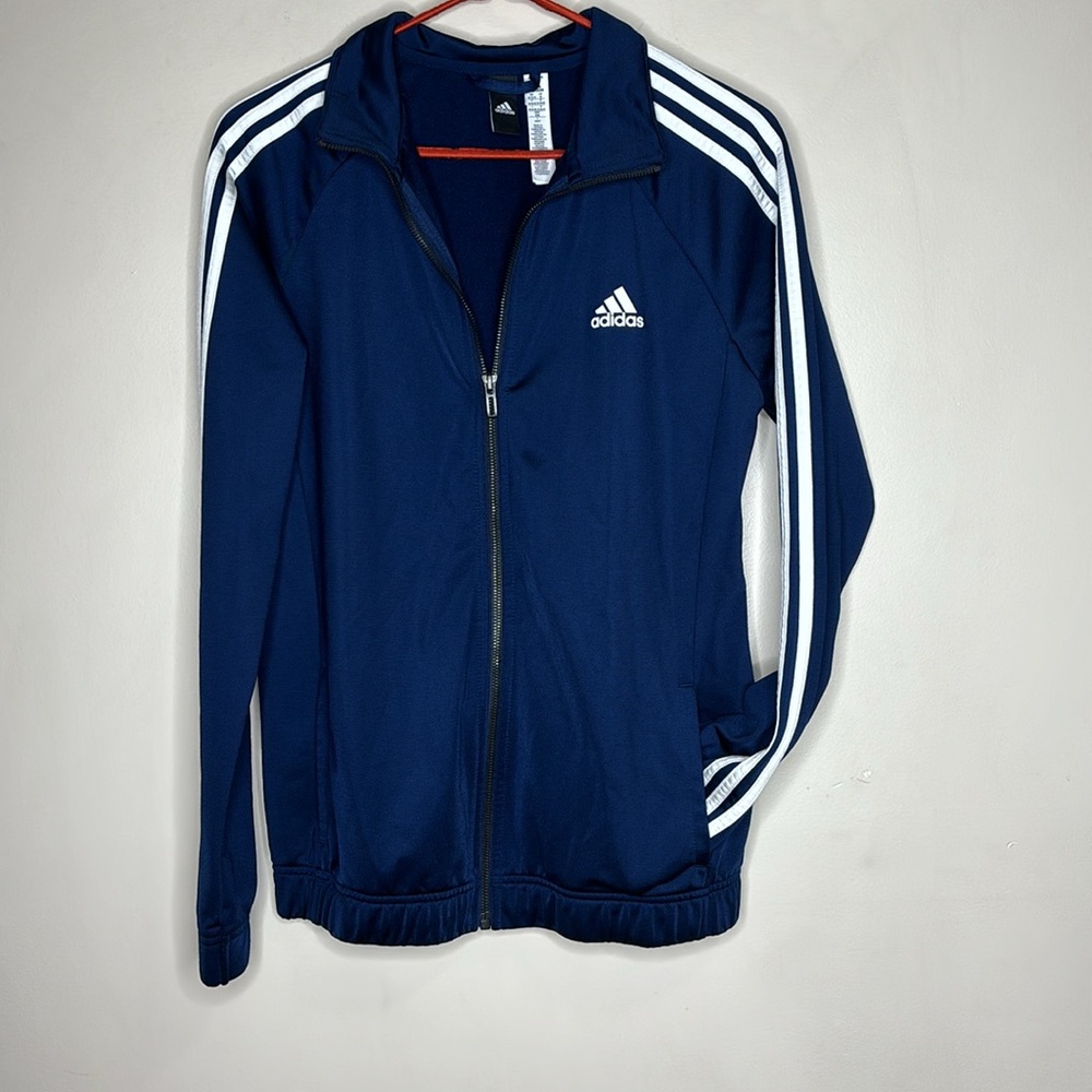 ADIDAS | Classic Blue With White Stripes Warm Up Jacket | Zip Up With Pockets - Picture 6 of 7